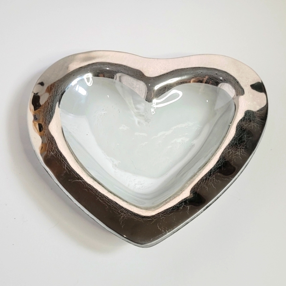 Handmade Art Glass Heart Bowl with Platinum Rim Signed Annieglass Rare Excellent